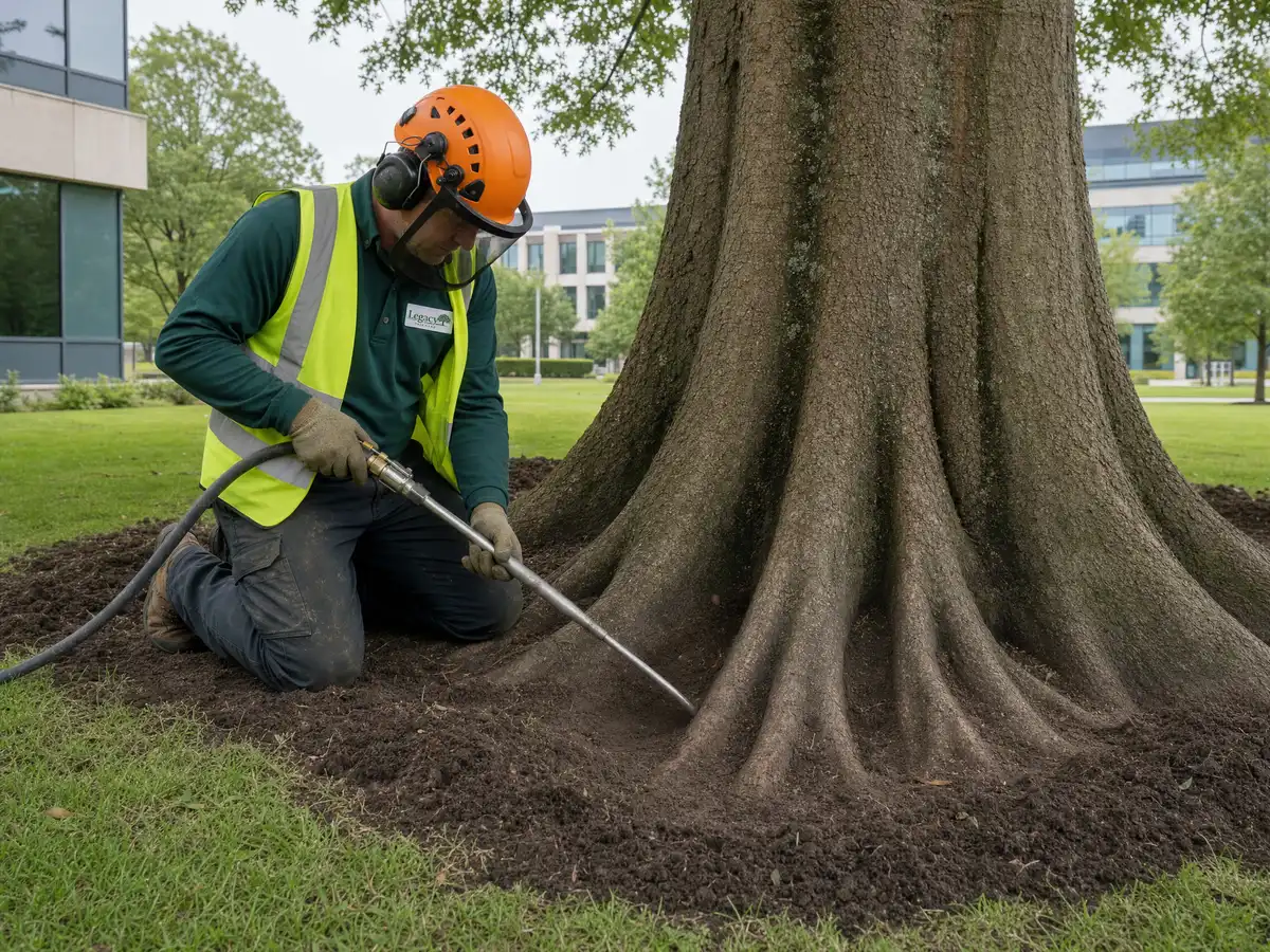 A Legacy Tree Care arborist kneeling with a compressed air lance to clear soil from the root flare of a mature tree, at a commercial property