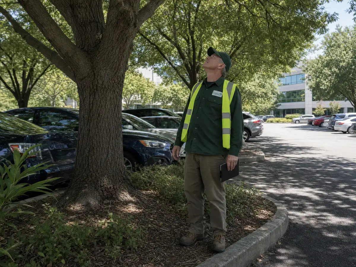 A Legacy Tree Care arborist looking up into the canopy of a mature tree growing in a curbed parking island, with cars parked around it