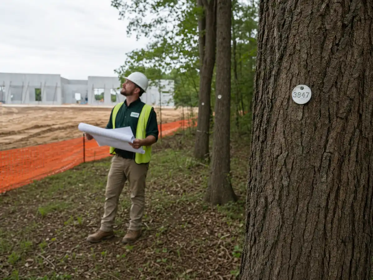 A numbered metal survey tag on a tree trunk, with a Legacy Tree Care arborist behind holding an open site plan and looking up into the canopy at a construction site