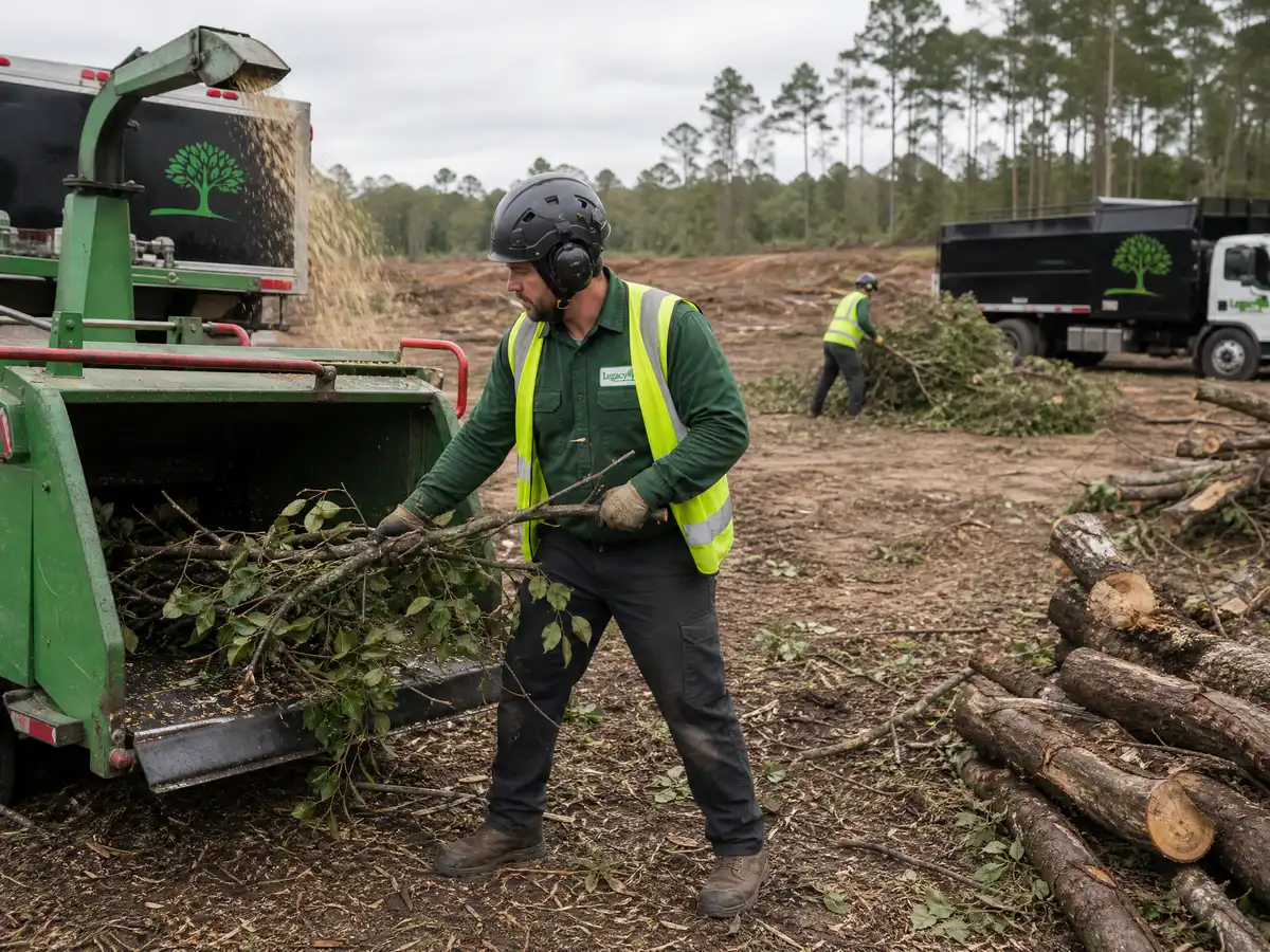 A Legacy Tree Care crew member feeding brush into a chipper discharging into a truck, with stacked logs and a second worker on cleared ground