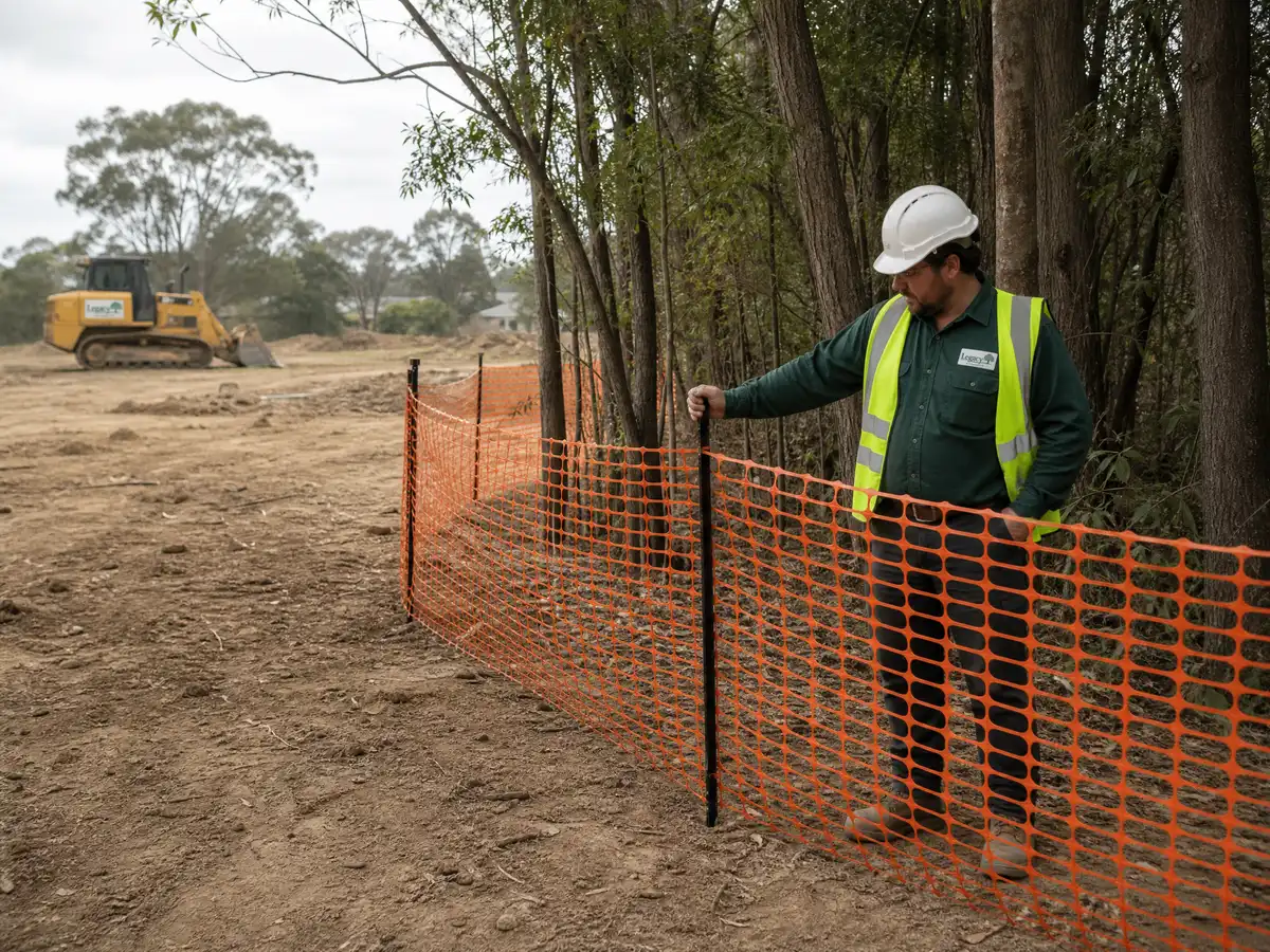 A Legacy Tree Care arborist standing behind a run of orange protective fencing along a retained tree line, with cleared ground and a dozer behind