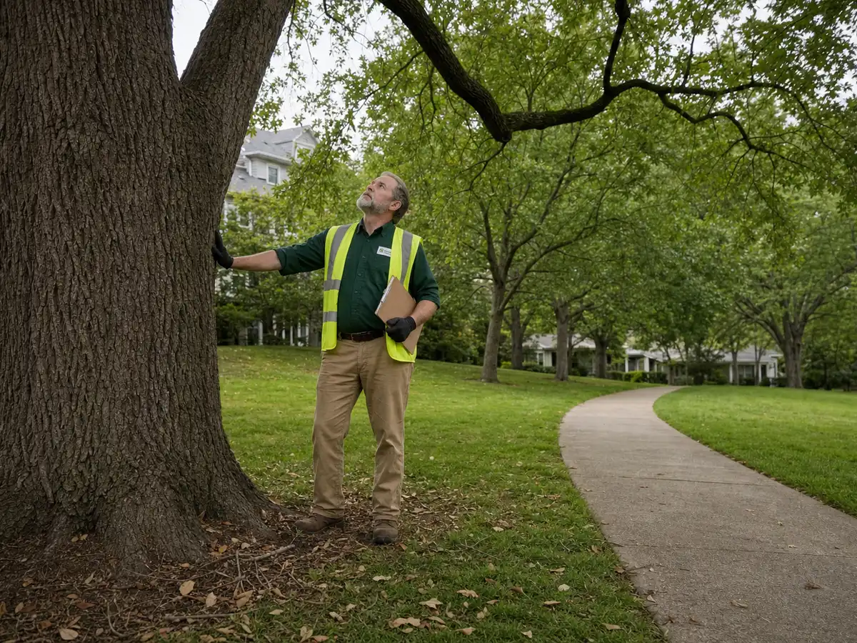 A Legacy Tree Care arborist with a hand on a large tree trunk and a clipboard under his arm, looking up into the canopy in a landscaped common area