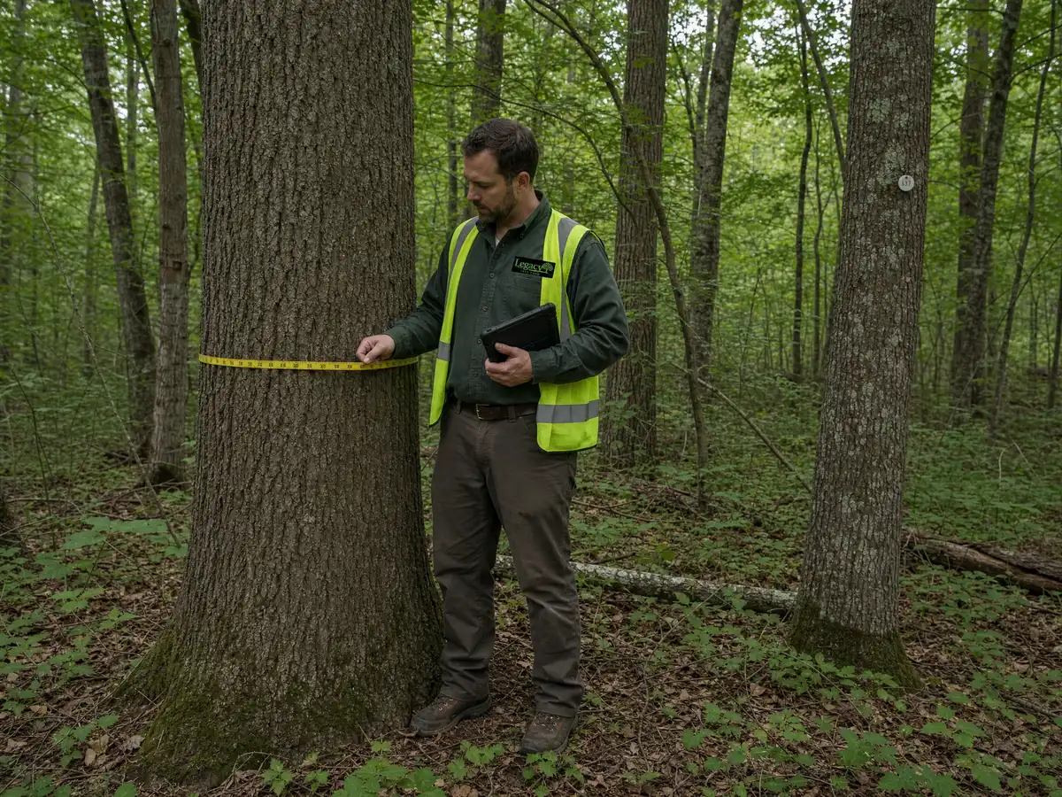 A Legacy Tree Care arborist measuring a tree trunk with a diameter tape while holding a tablet, among dense woodland on undeveloped land