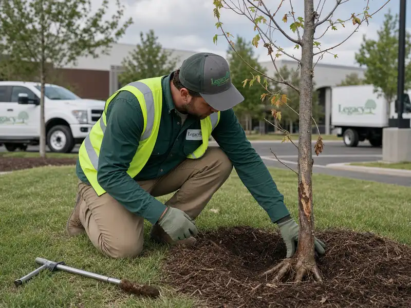A Legacy Tree Care arborist kneeling to check the soil at the base of a young tree with browning, sparse foliage, a soil probe lying on the grass beside him