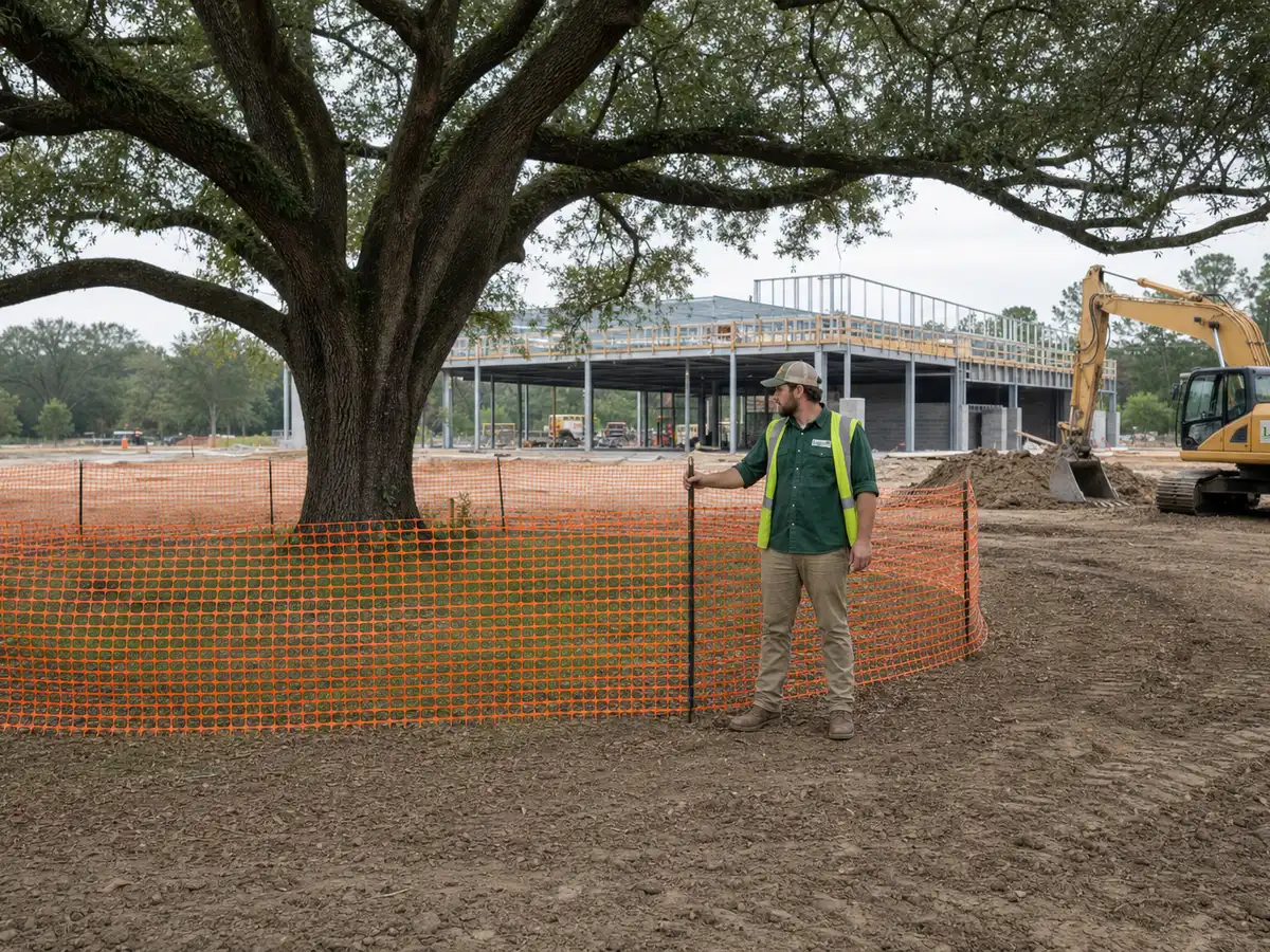 A Legacy Tree Care arborist standing at a run of orange protective fencing enclosing a large tree at its drip line, on an active construction site