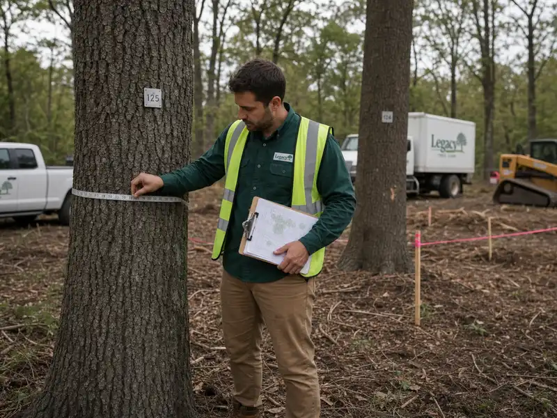 A Legacy Tree Care arborist measuring a numbered tree with a tape while holding a clipboard, on partly cleared woodland with survey flagging behind