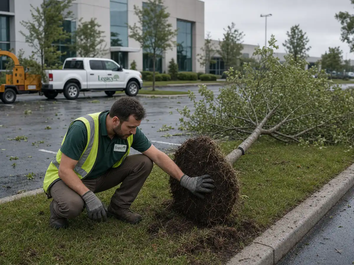 A Legacy Tree Care arborist crouching at the lifted root ball of a young tree blown over onto a curb after a storm