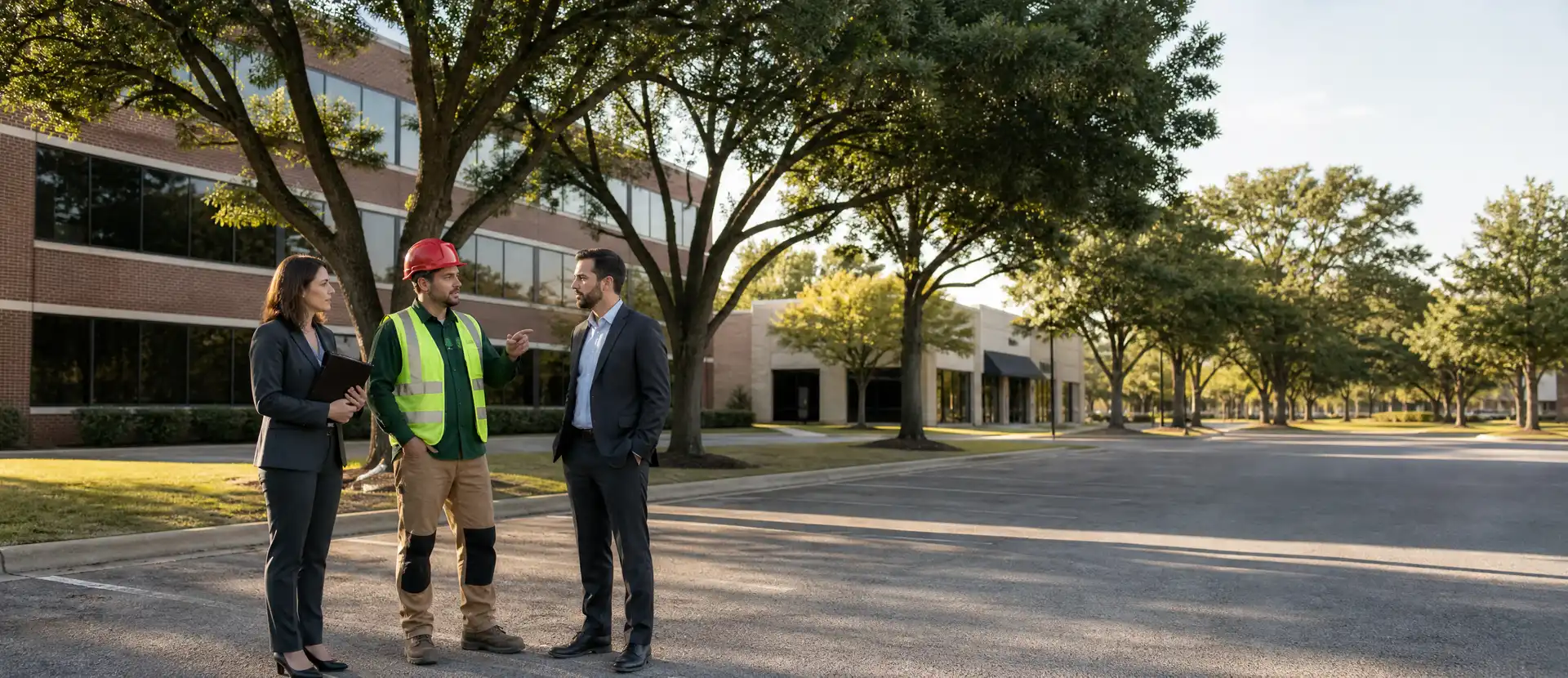 A Legacy Tree Care arborist in a red hard hat talking with two people in business clothes on the edge of a commercial parking area, one of them holding a folder, with office buildings and mature trees behind them