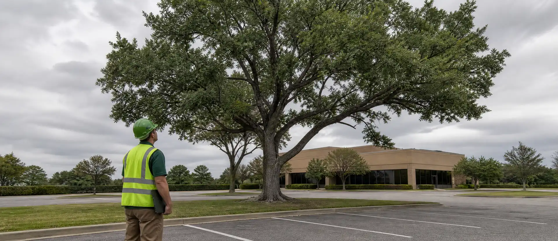 A Legacy Tree Care arborist standing back from a large mature tree on a commercial parking area, looking up into the canopy under an overcast sky