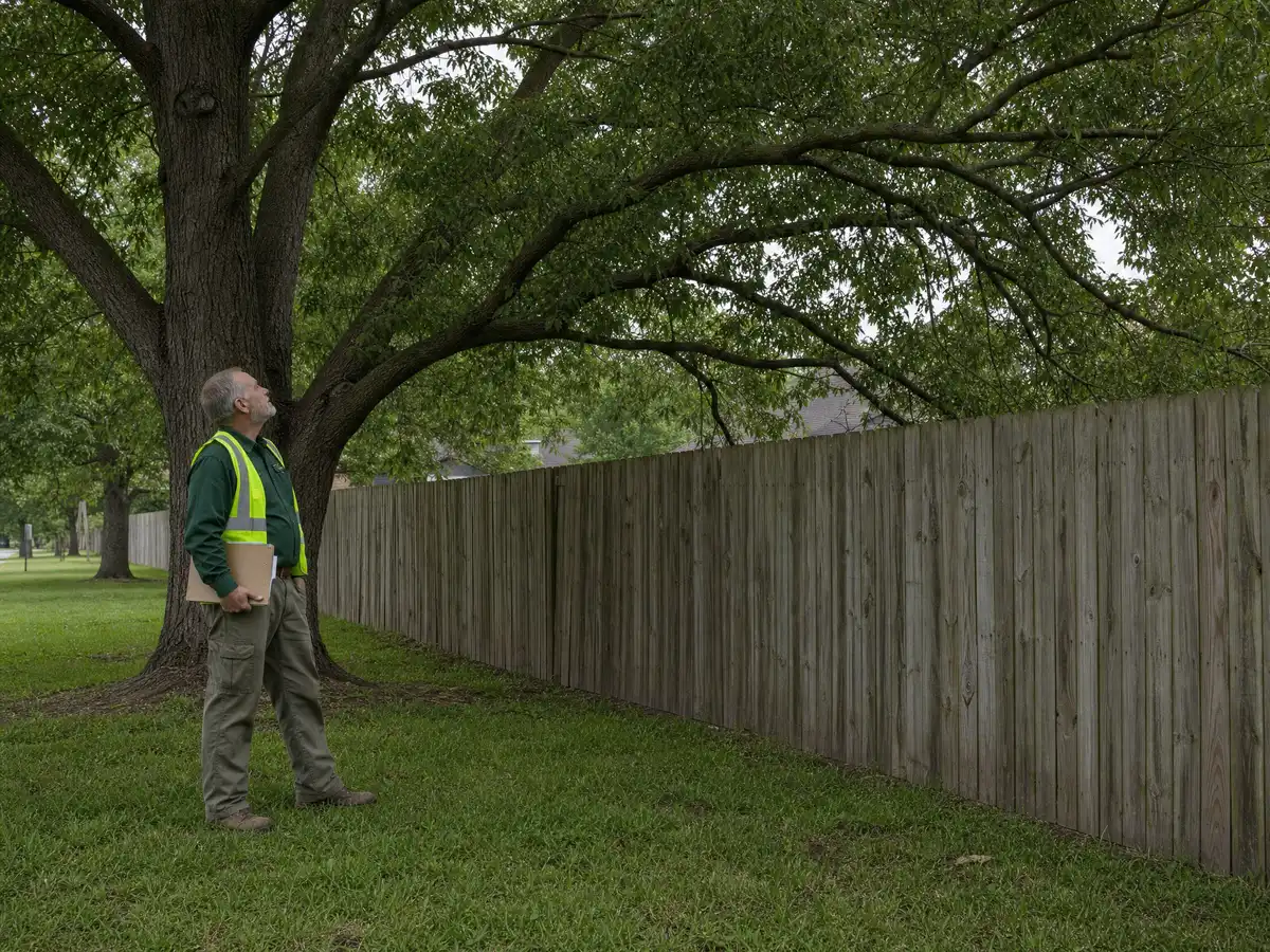 A Legacy Tree Care arborist holding a folder and looking up at a tree canopy extending across a wooden boundary fence