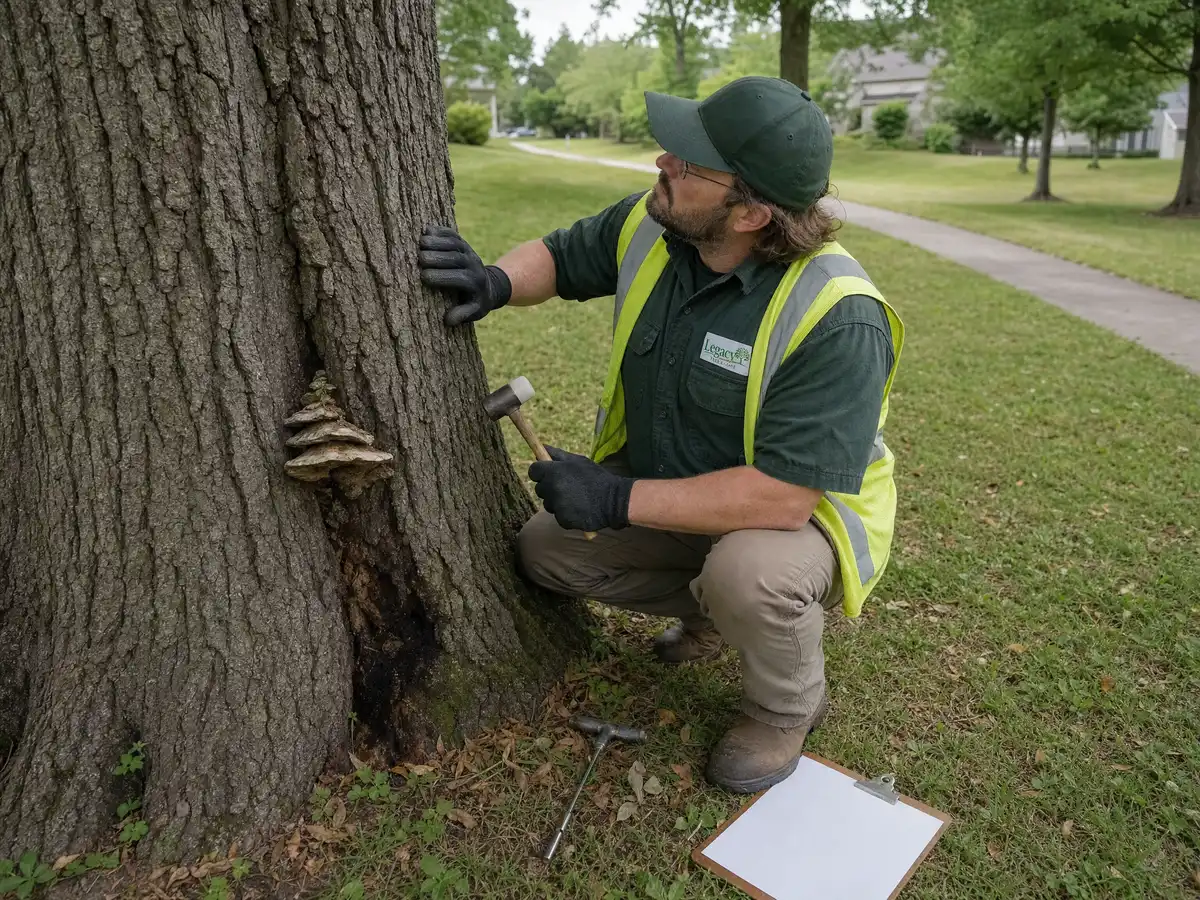 A Legacy Tree Care arborist kneeling to sound a tree trunk with a mallet, beside a bracket fungus growing from the bark and a clipboard on the ground