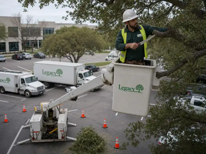 A Legacy Tree Care arborist pruning a limb by hand from a bucket lift, above box trucks and traffic cones in an office parking lot