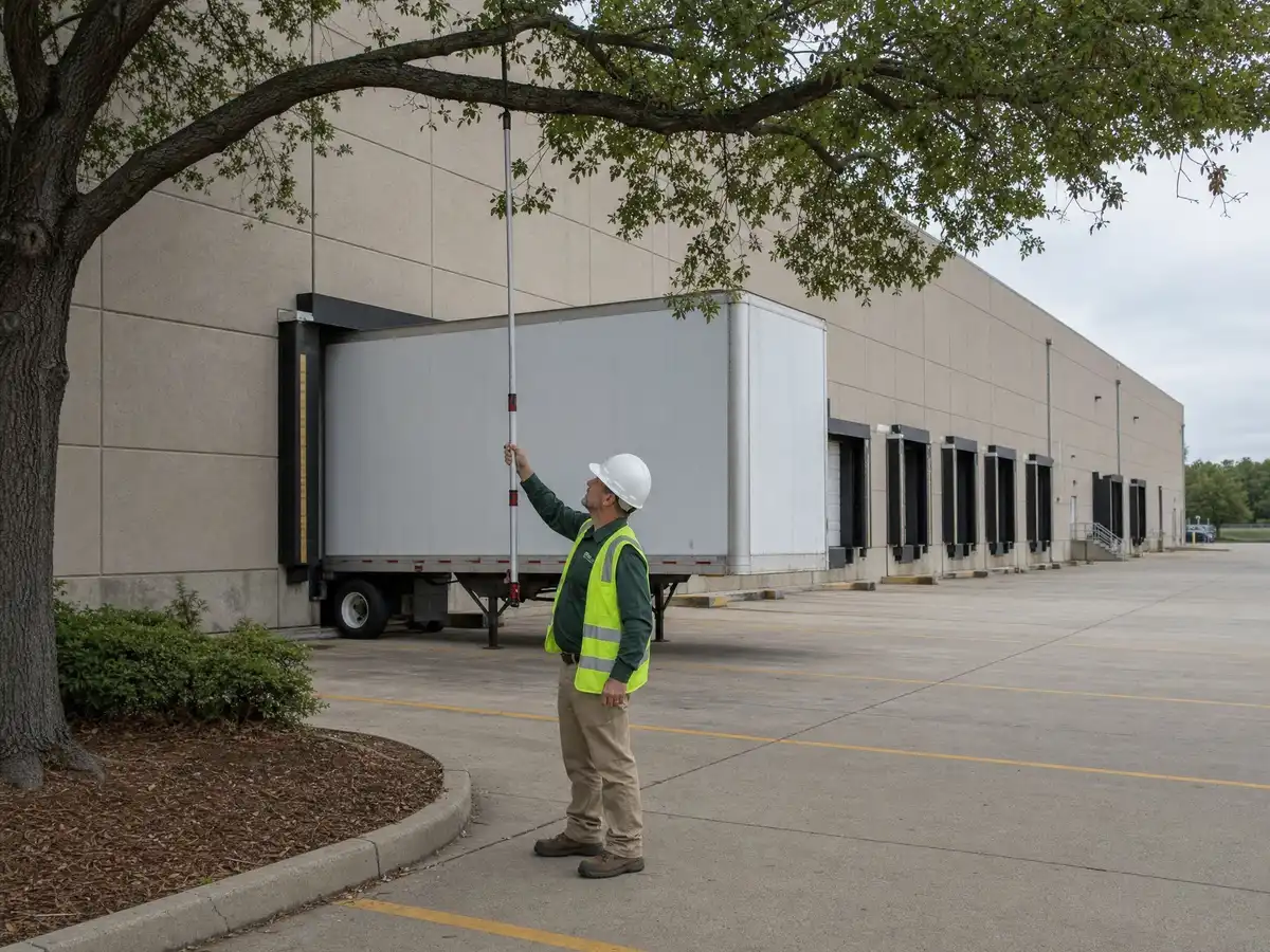 A Legacy Tree Care arborist holding a measuring pole up to a low tree limb above a loading dock apron, with a trailer backed into the dock
