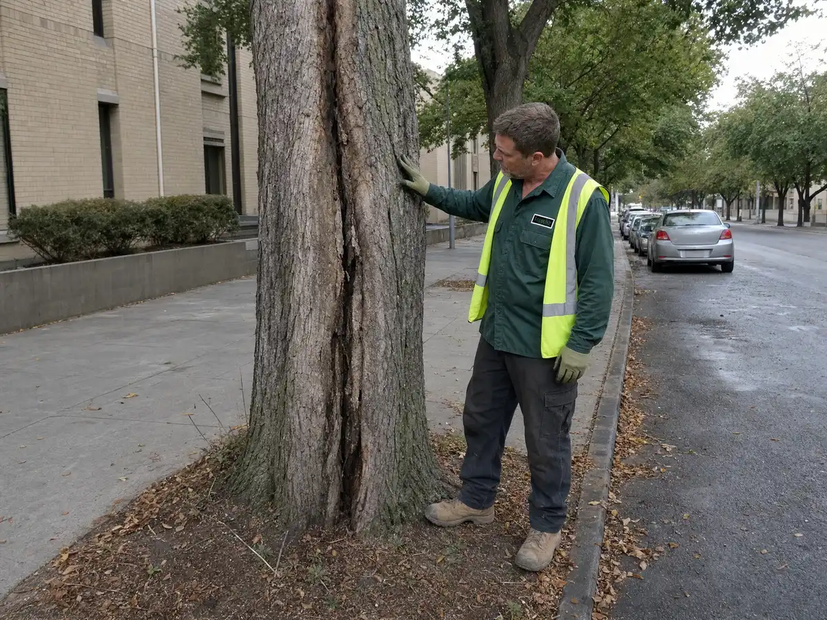 A Legacy Tree Care arborist with a hand on the trunk of a street tree, examining a long vertical seam in the bark beside a city sidewalk