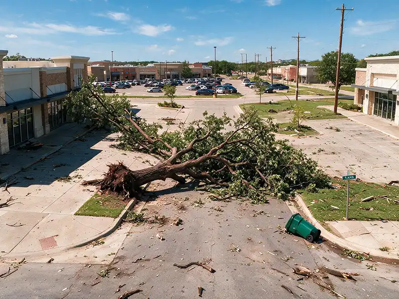 A large tree uprooted and fallen across a retail parking lot after a storm, with debris scattered over the asphalt